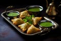 indian samosas on a metallic tray with green dip