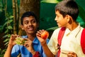 Indian school boy eating sandwich and his friend with backpack sits on table and eating an apple in park Royalty Free Stock Photo