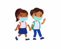 Indian schoolgirl and schoolboy going to school flat vector illustration.