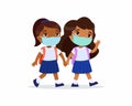 Indian schoolgirls going to school flat vector illustration.