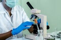 Indian Scientist man look into Microscope research in science laboratory. Asian biochemistry scientist using microscope in Royalty Free Stock Photo