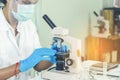 Indian Scientist man look into Microscope research in science laboratory. Asian biochemistry scientist using microscope in Royalty Free Stock Photo