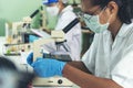 Indian Scientist man look into Microscope research in science laboratory. Asian biochemistry scientist using microscope in Royalty Free Stock Photo