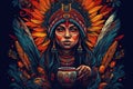 Indian shaman woman adorned with colorful feathers, who appears to be deeply inspired and engaged in an ayahuasca Royalty Free Stock Photo