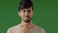 Indian sick young arab man touch neck suffer from angina has sore throat unhealthy guy painful swallow feel discomfort