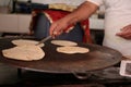 Indian sikh men make their lunch bread inside their temple during Baisakhi celebration in Mallorca