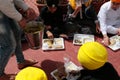 Indian sikh take their lunch in their temple during Baisakhi celebration in Mallorca