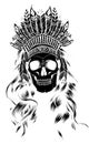 black silhouette of Indian skull with headdress of feathers. The leader of a tribe of Indians. Totem. Line art. Black