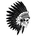 Indian skull with headdress of feathers. The leader of a tribe of Indians. Totem. Line art. Black and white drawing by