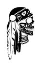 Indian skull icon ornaments with feathers, side view black and white, vector.