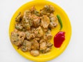 INDIAN SNACK DISH PAKODE WITH SAUCE AND CHILI BREAKFAST CUISINE Royalty Free Stock Photo