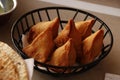 Indian snack punjabi samosa with mint and tamarind sauce, potato stuffed deep fried pastry