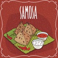Indian snack Samosa with sauce and curd cheese