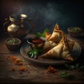 Indian snack Samosas with side dishes on a table