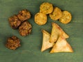 Indian Snack Selection Samosas Onion Bhagi And Aloo Tikkis