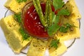 Indian Snacks Dhokla with fried chili