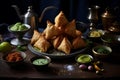 Indian snacks vegetable Samosas a spicy blend of vegetables wrapped in a deep fried triangular pastry parcel, fried Royalty Free Stock Photo