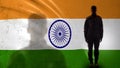 Indian soldier silhouette standing against national flag, proud army sergeant