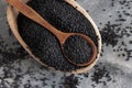 Indian spice Black cumin nigella sativa or kalonji seeds in bowl with spoon on wooden table top view