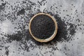 Indian spice Black cumin nigella sativa or kalonji seeds in bowl top view