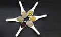 indian spice in spoons isolated on black background closeup image Royalty Free Stock Photo