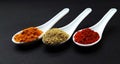 indian spice turmeric powder, coriander powder and red chili powder in spoons isolated on black background Royalty Free Stock Photo