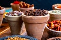 Indian spices collection, dried colorful condiment, nuts, pods and seeds and another spices in clay bowls Royalty Free Stock Photo