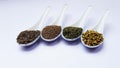 indian spices cumin seed, carom seeds, fennel seed and coriander seeds in spoon isolated on white background Royalty Free Stock Photo