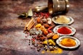 Indian Spices and herbs in silver bowls