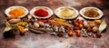 Indian Spices, spicy and seasonings in bowls