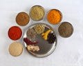 Indian Spices and their Powders on a Steel Plate and in Bowls