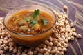 Indian spicy chana masala with raw chickpeas