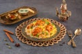 Indian spicy food Butter Chicken Biryani or Murgh Makhani Biryani with raita and gulab jamun Served in a dish side view ramdan