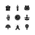 Indian spiritual symbols black glyph icons set on white space Royalty Free Stock Photo