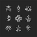 Indian spiritual symbols chalk white icons set on black background