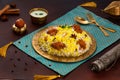 Indian spisy food Murgh Tikka Biryani or Chicken Tikka Biryani with raita and gulab jamun Served in a dish side view ramdan food