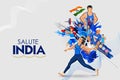 Indian sportsperson from different field victory in championship on tricolor India background Royalty Free Stock Photo