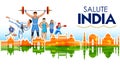 Indian sportsperson from different field victory in championship on tricolor India background Royalty Free Stock Photo