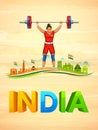 Indian sportsperson weightlifter in women category victory in championship on tricolor India background