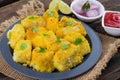 Indian Street Food Khaman Dhokla on Wooden Background Royalty Free Stock Photo