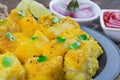 Indian Street Food Khaman Dhokla on Wooden Background Royalty Free Stock Photo