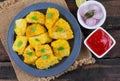 Indian Street Food Khaman Dhokla on Wooden Background Royalty Free Stock Photo