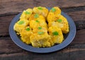 Indian Street Food Khaman Dhokla on Wooden Background Royalty Free Stock Photo