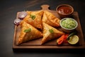 Indian street food samosa on chopping board, a flavorful delight