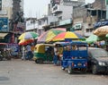 Indian street market main Bazaar Paharganj. day stream tricks taxi and buyers Hindus.