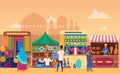 Indian street market at sunset flat vector illustration