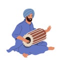 Indian Street Musician Playing Traditional Folk Music on National Instrument. Men in Ethnic Clothes Performing on Drum