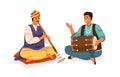 Indian street musicians playing shehnai and dholak drum. Happy men performing traditional folk music on national Royalty Free Stock Photo