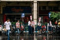 Indian student activists peacefully demanding for ` Silence, No Horn` on the road with yellow taxis in background in Kolkata. Royalty Free Stock Photo