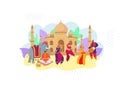 Indian style concept banner, holiday performance oriental celebration, woman character dancing flat vector illustration